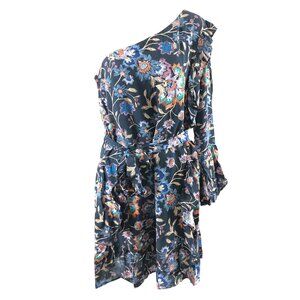 Ella Moon One Shoulder Mini Dress Floral Ruffle Navy Blue Size L